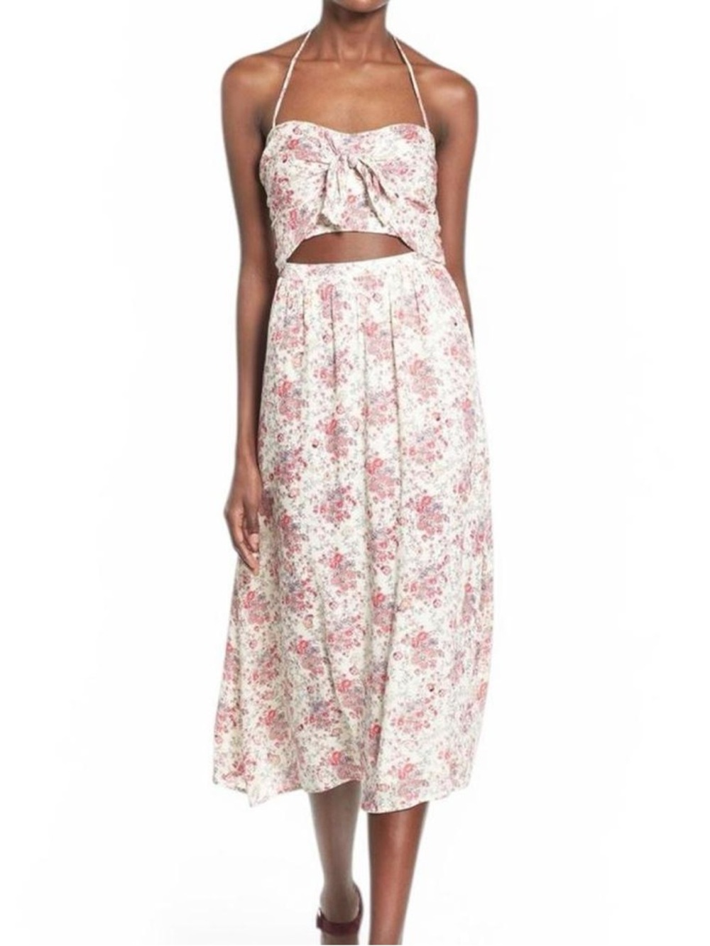 WAYF cream and pink floral halter midi dress with cut out detail fits like small